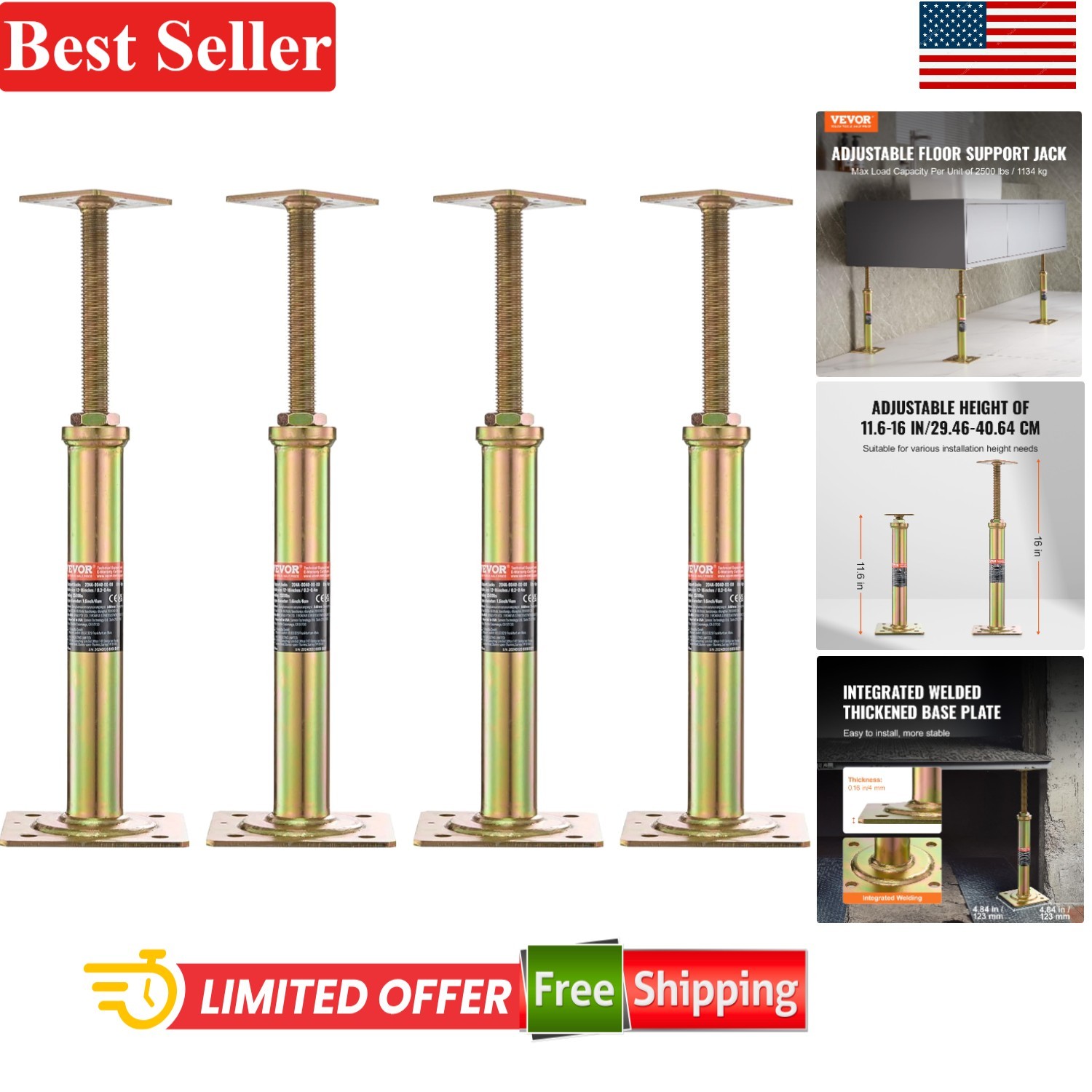 Adjustable Floor Joist Jacks 11.6"-16" Height Range, 10,000 lbs Support, 4 PCS