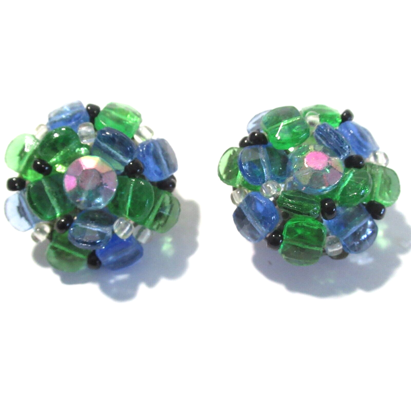 Cluster Earrings Vintage Germany Green Blue Black Glass Clip-On