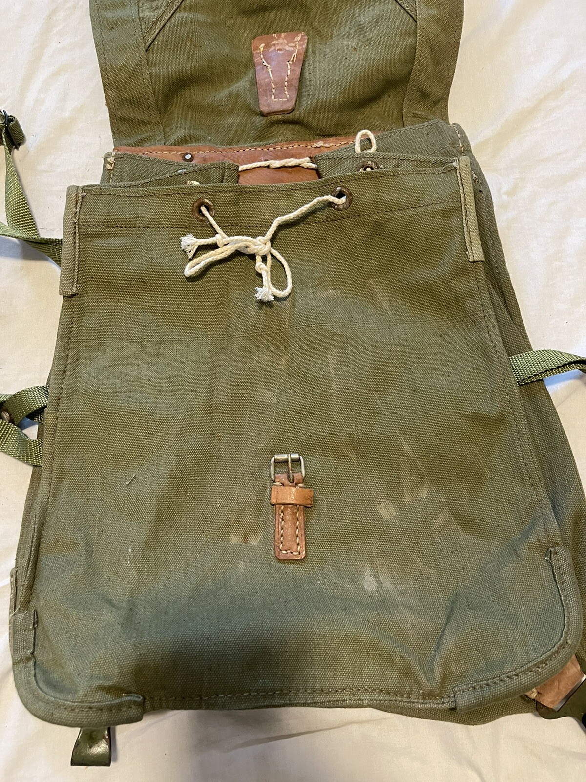 Vintage Romanian Army Canvas Backpack With Leather Shoulder Straps.