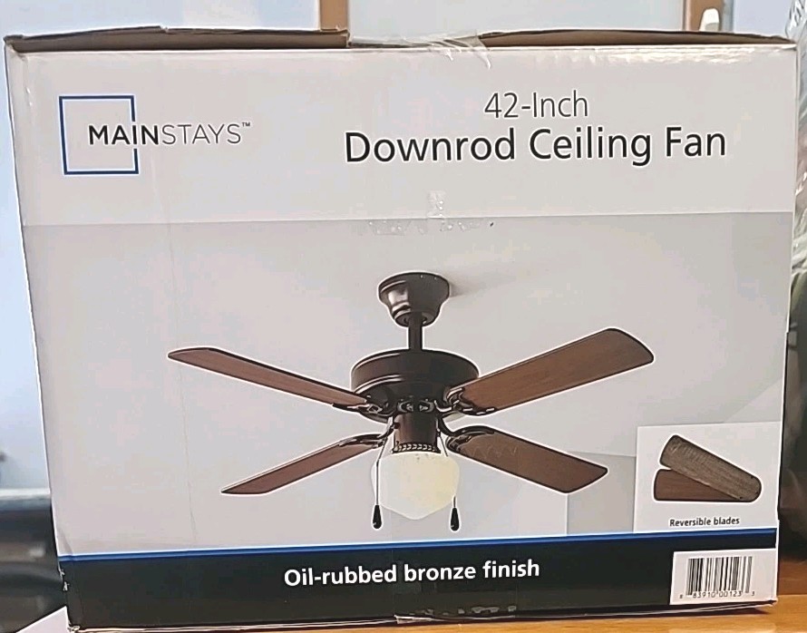 42" Downrod Ceiling Fan-Globe Light-Oil-Rubbed Bronze, 3 Spd, 4 Blade-Mainstays