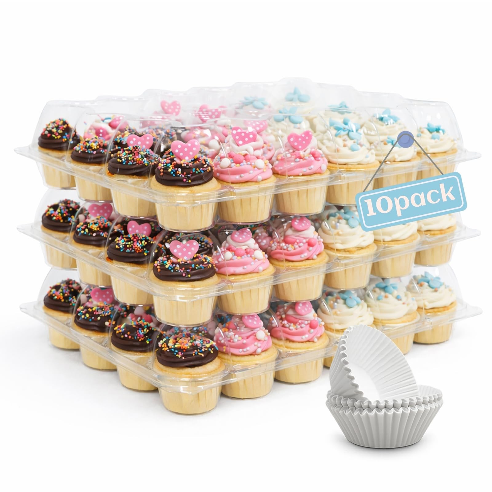 WIKDAY Plastic Cupcake Containers with Liners, 24 Count x 10 Sets | Clear Cup...