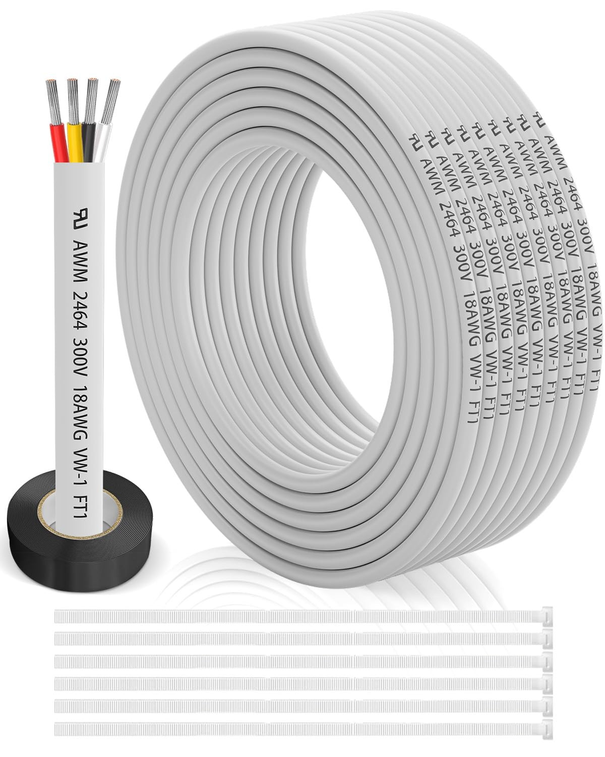 18 Gauge Wire 4 Conductor Electrical 30FT, 18 AWG 4 Core white