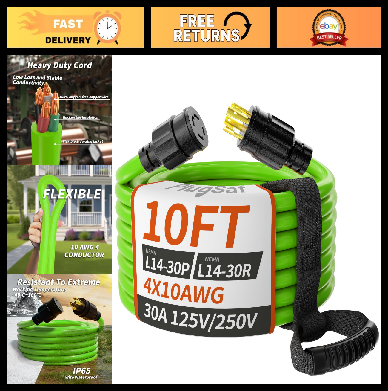 10FT 30 Amp Heavy Duty Generator Extension Cord, 4 Prong NEMA L14-30, 10 Gauge S