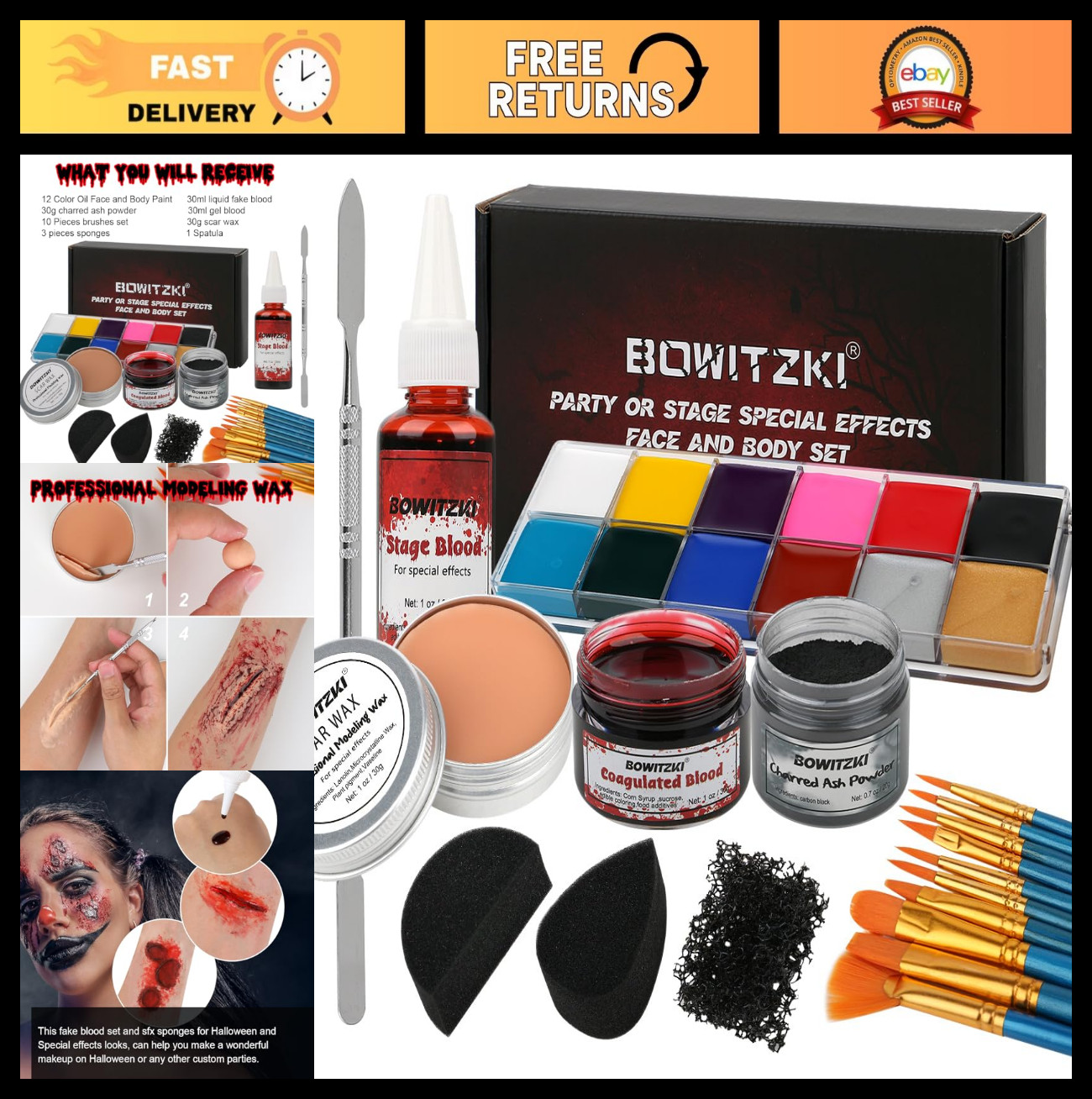 Halloween Special Effects Makeup Kit - Oil Face & Body Paint, Fake Blood, Scar W