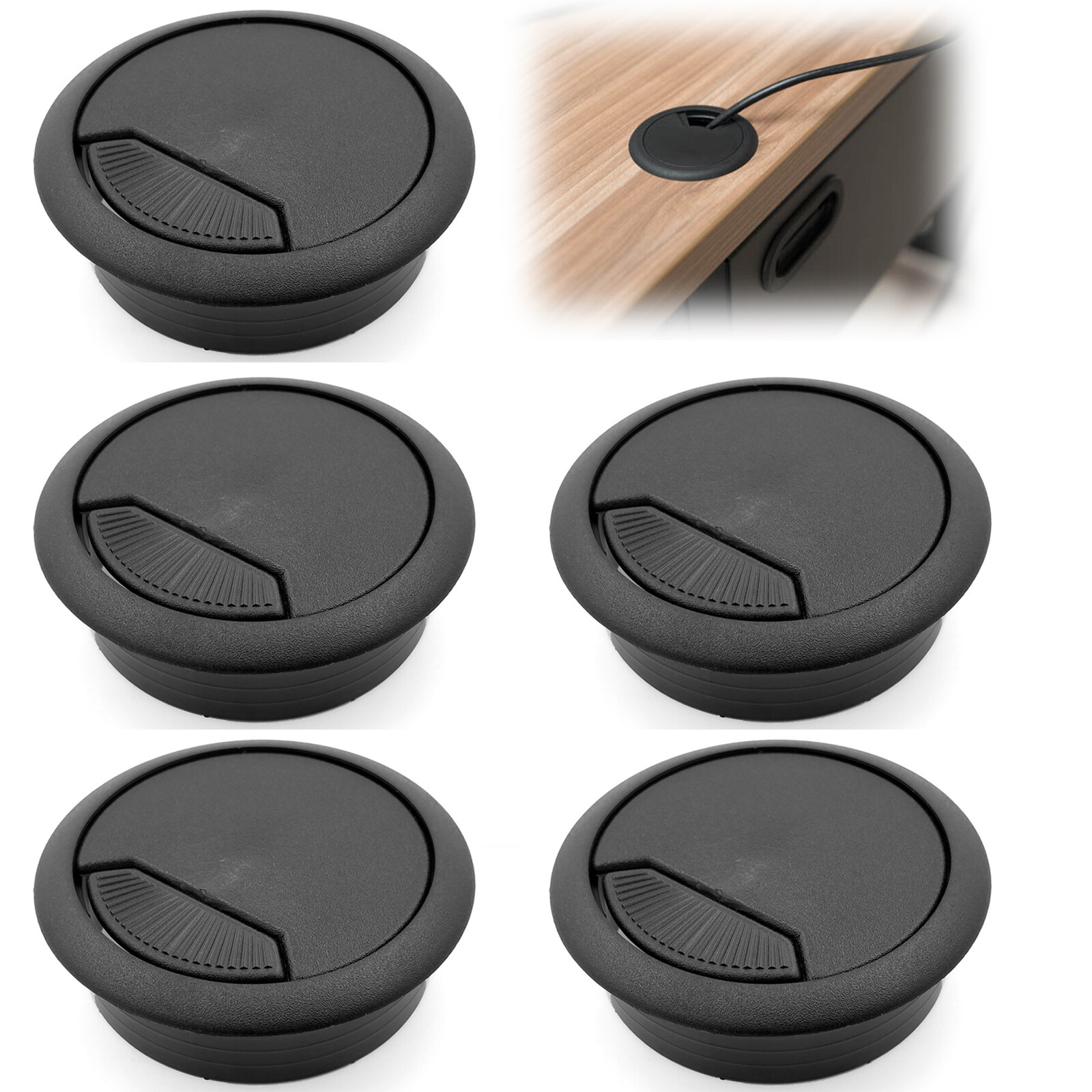 5pcs 2" Black PC Computer Cord Cable Wire Organizer Hole Cover Desk Grommet