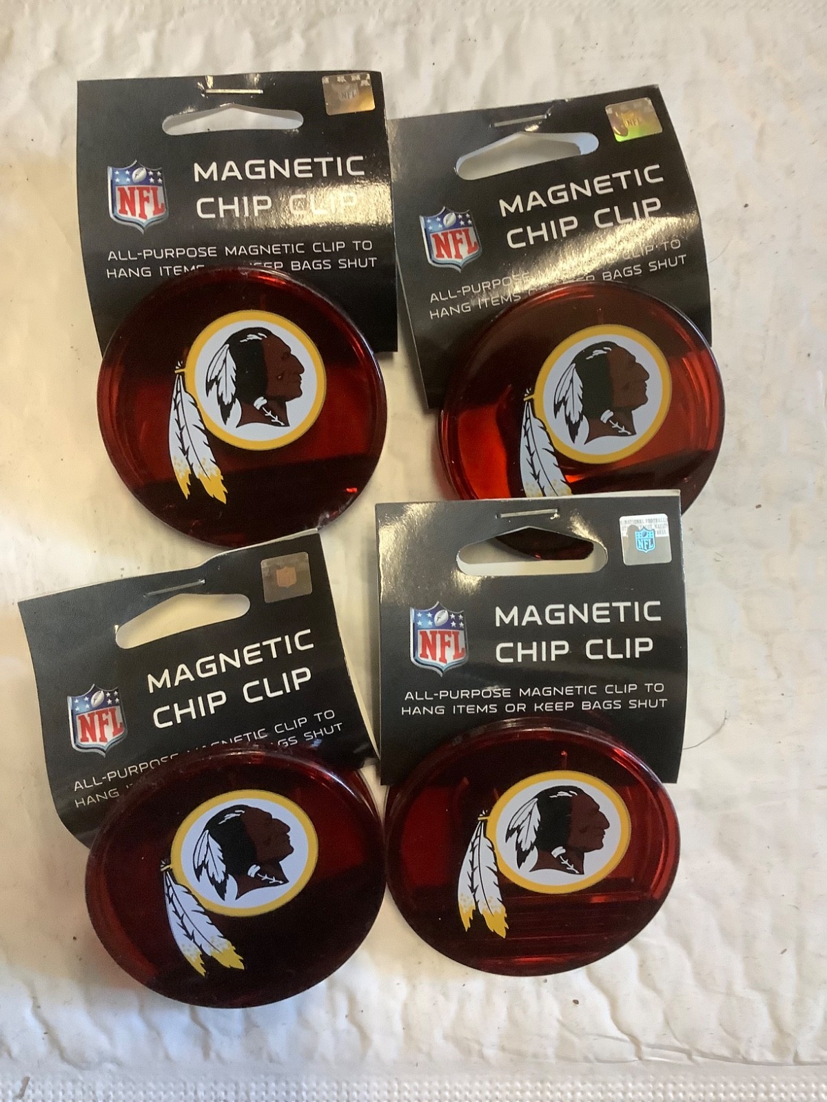 4*NFL Washington REDSKINS Magnetic Chip Clip Refrigerator Grocery List Snack Bag