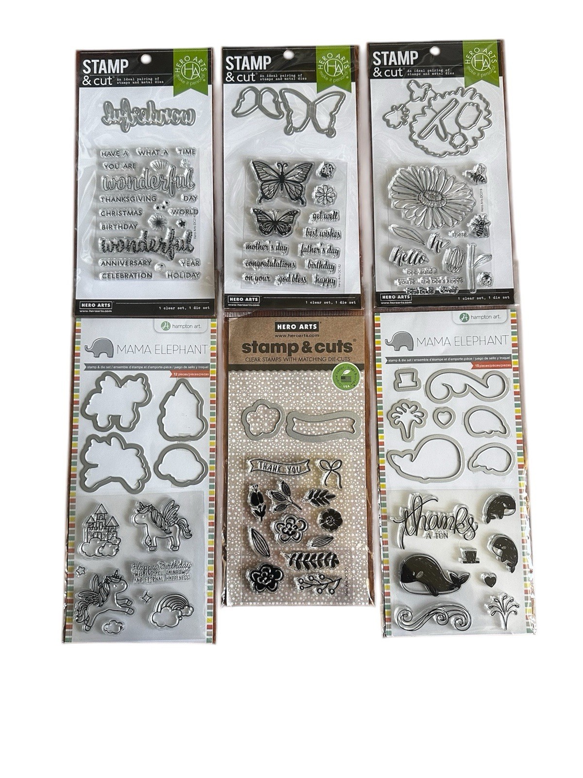 Lot 6 Hero Arts Stamp & Cut Clear Stamps With Matching Die- Cuts