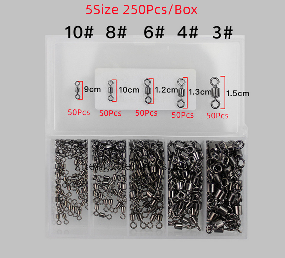 250pcs/Box Rolling Barrel Fishing Swivels Heavy Duty Black Nickel 5Size 3#-10#
