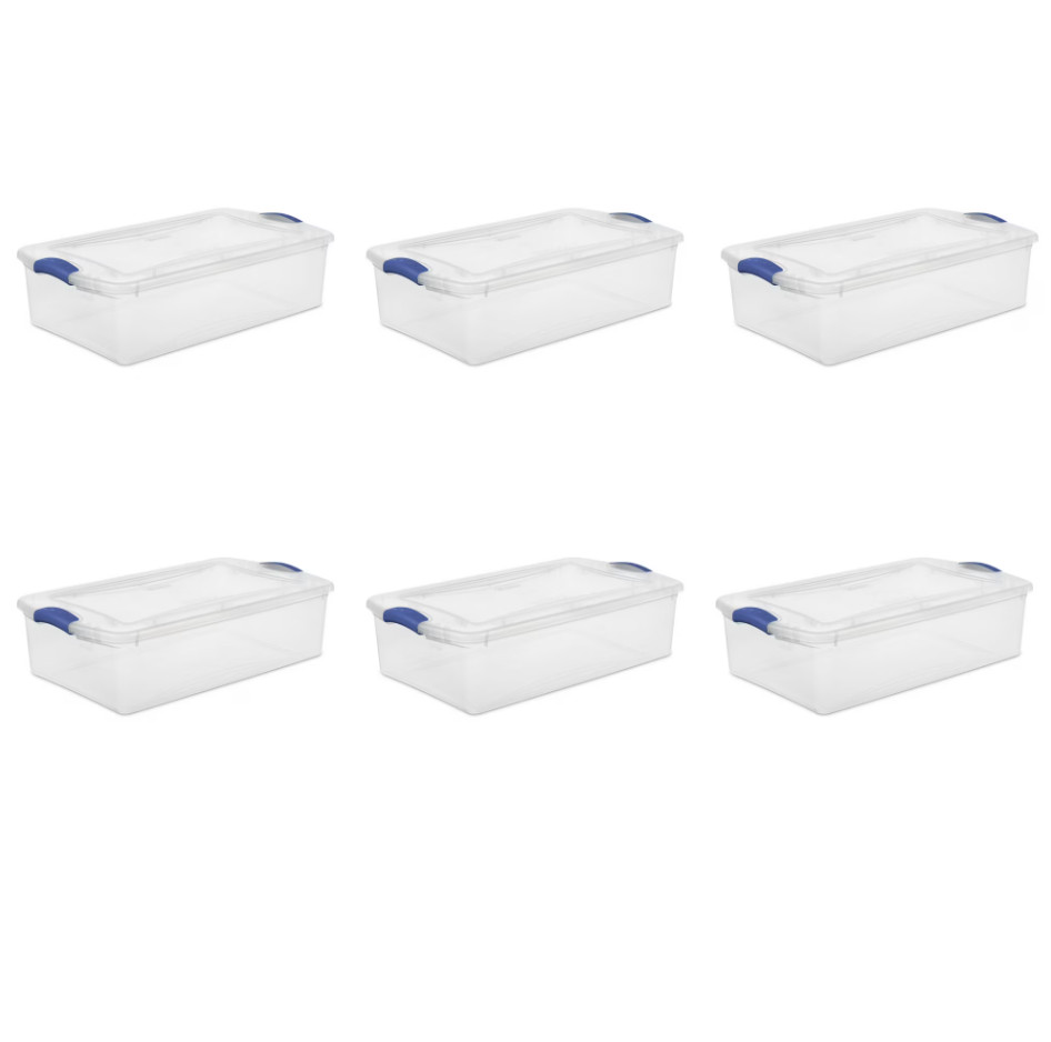 (6 pack) 32 Quart Latch Box, Clear Plastic Storage Bin with Clear Lid, Blue