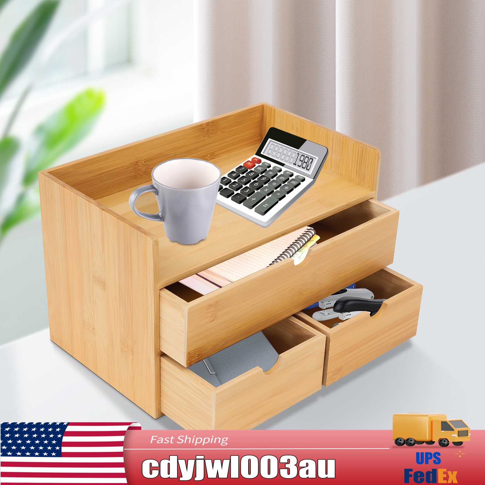 Bamboo Desk Organizer with 3 Drawers Tabletop Cosmetic Storage Simple Design NEW