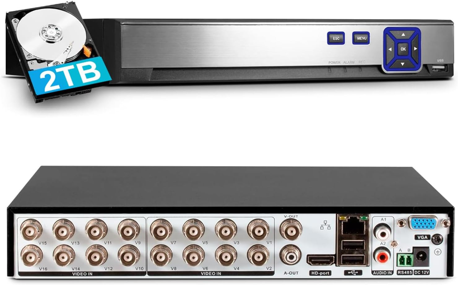 H.265+ 16CH Channel DVR for Security Camera System 1080P Recorder with 1-2TB HDD