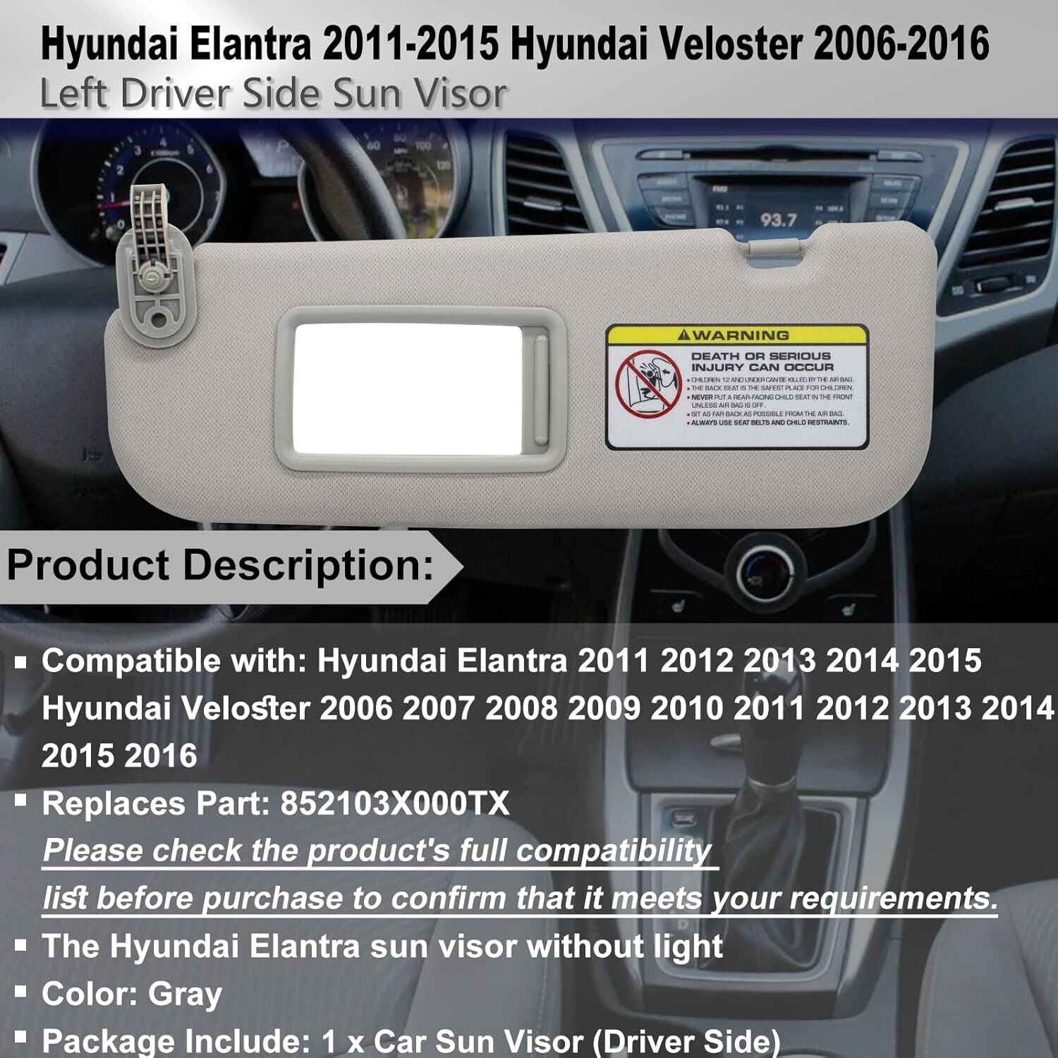 Sun Visor Makeup Mirror Left Grey Driver side Side For Hyundai Elantra MD 11-16