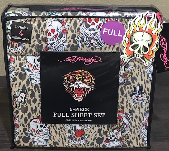 Ed Hardy Love Kills Slowly Leopard Print with Skulls 6pc FULL Sheet Set