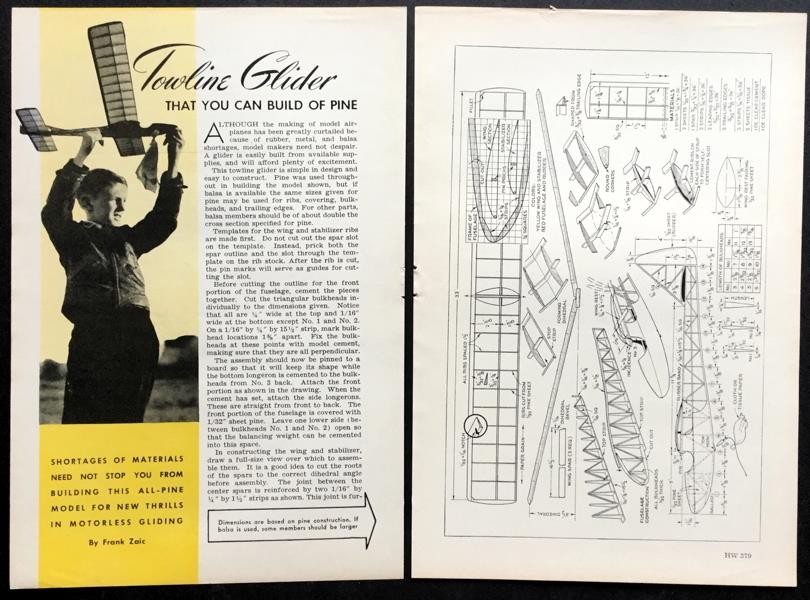 Towline Glider 33” wingspan 1943 HowTo Build PLANS built of Pine WWII Shortages