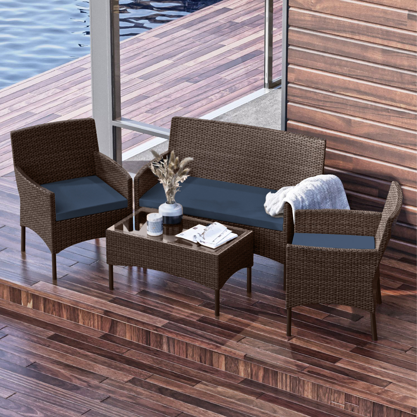 4 Piece Patio Furniture Set, Outdoor Patio Set Love-seat, Chairs, Table