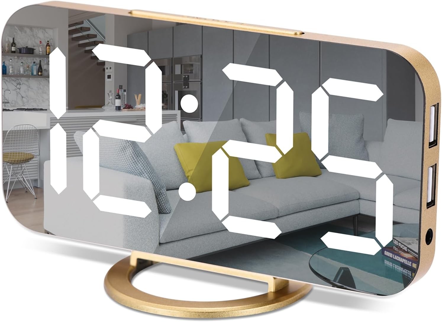 Digital Alarm Clock,7 in LED Mirrored Clocks Large Display,with 2 USB Gold