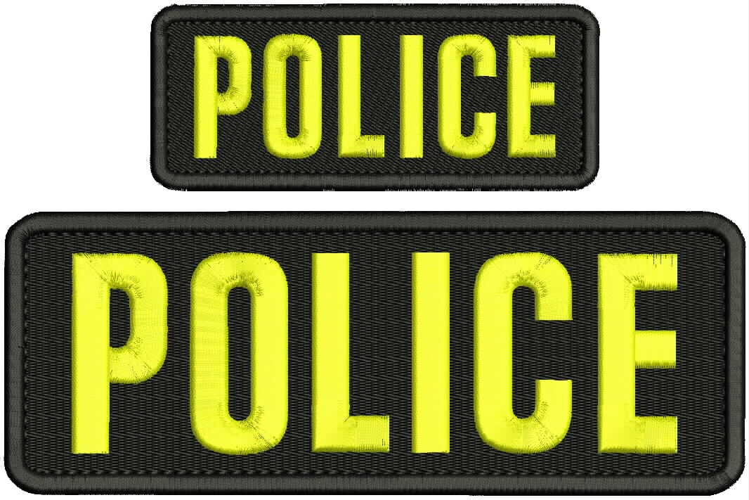 POLICE EMBROIDERY PATCH 3X8.5 AND 2X5 hook on back yellow on black
