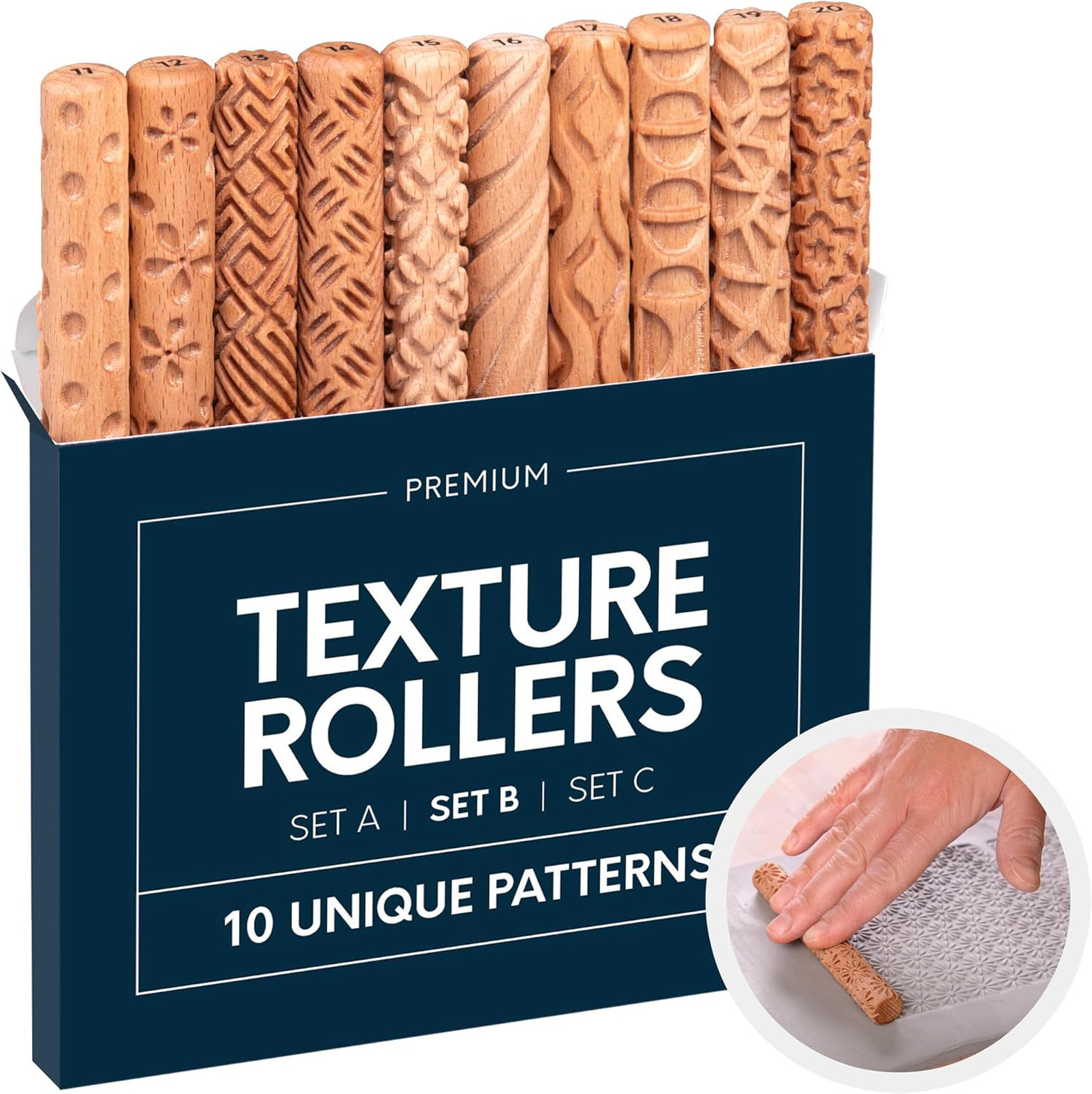 Clay Texture Rollers Set 10 Pack Wooden Pottery Tools 5 Inch Diameter Durable