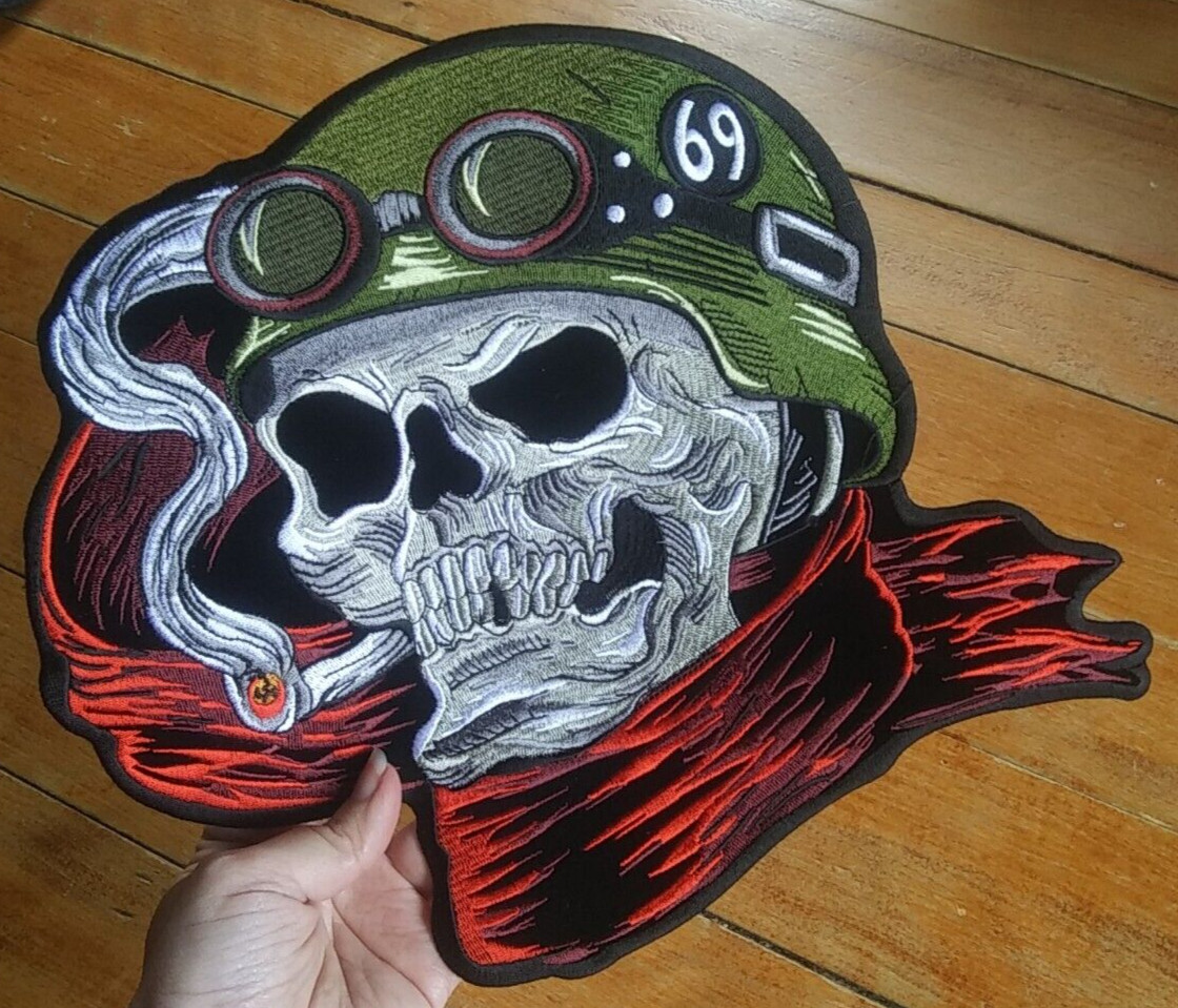 Large Embroidered Back Patch ~ Smokin' Death Skull 69 Helmet Biker Jacket PATCH