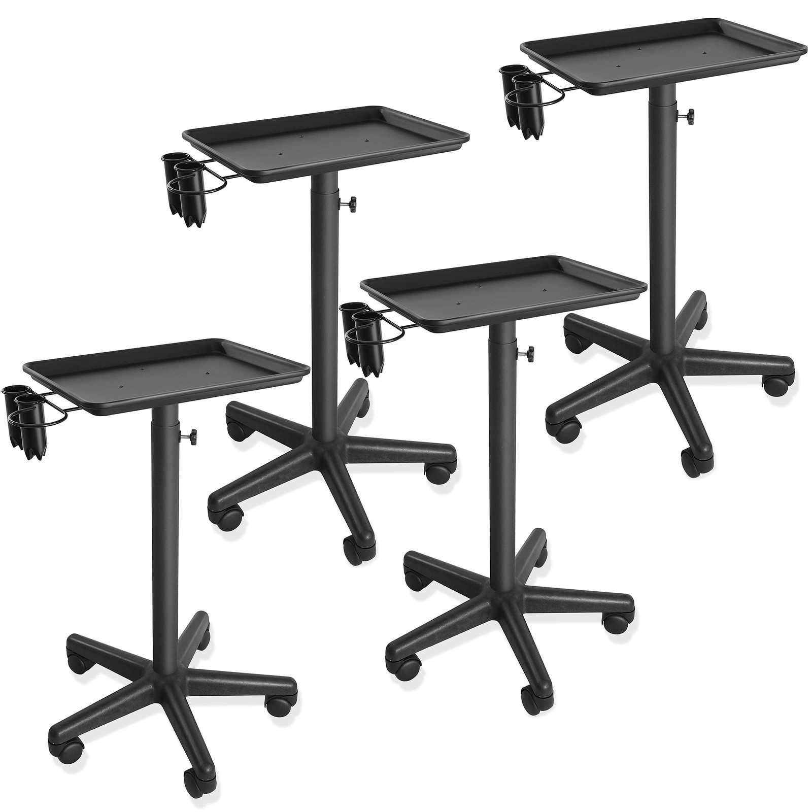 Set of 4 - Salon Aluminum Trolley Instrument Tray with Caddy, Black Utility Cart