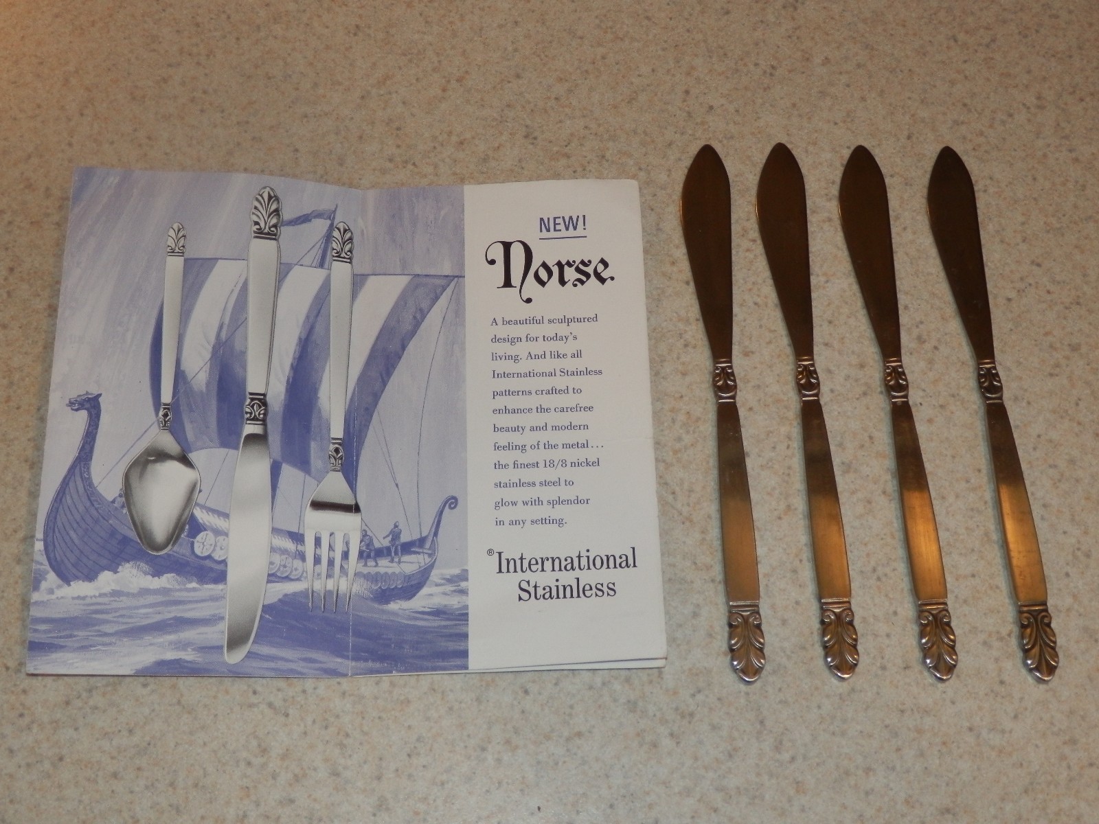 INTERNATIONAL SILVER NORSE PATTERN 4 STAINLESS BUTTER KNIVES SPREADERS 6 3/4"
