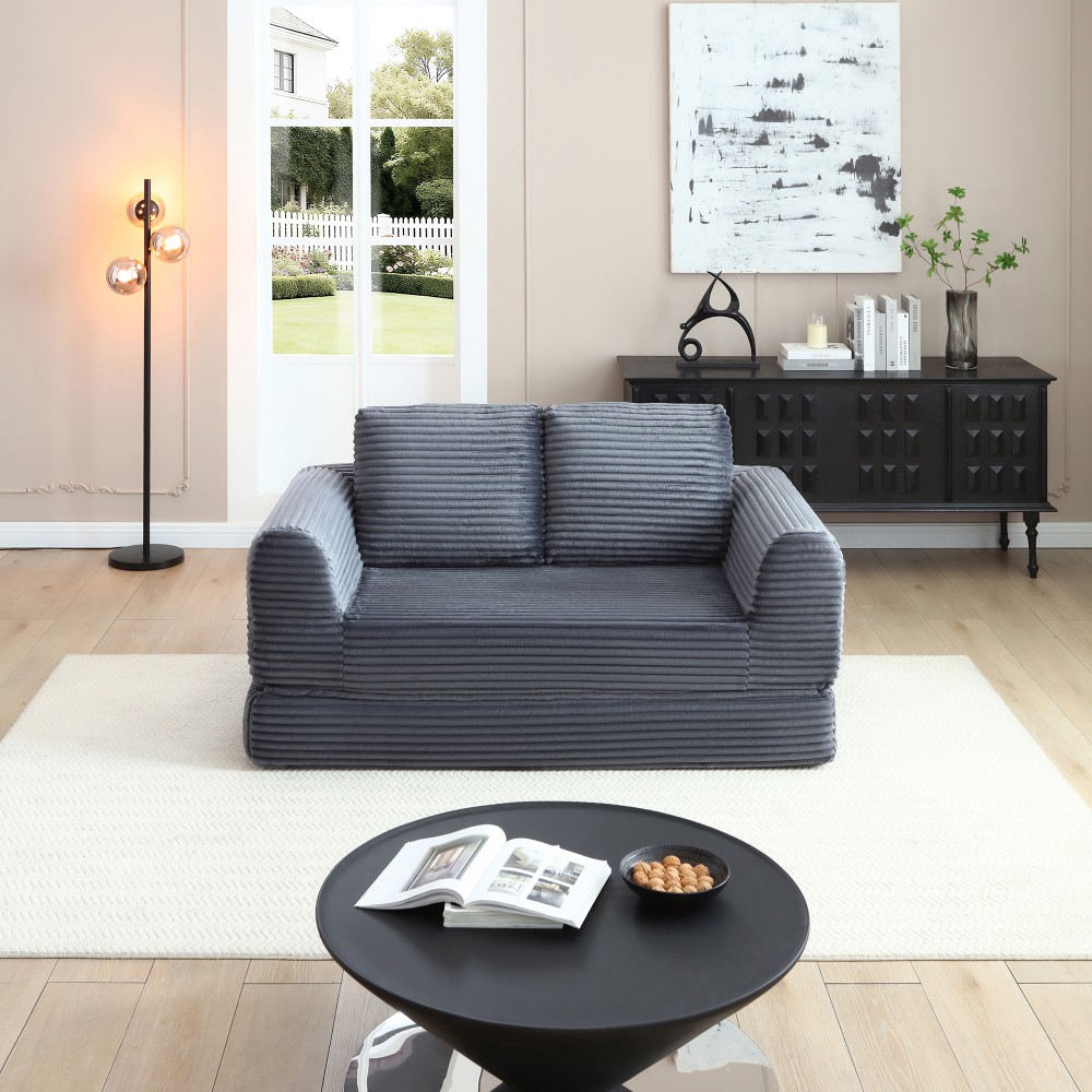 Folding Sofa Bed Sleeper Couch Corduroy Futon w/ 2 Pillows, Grey
