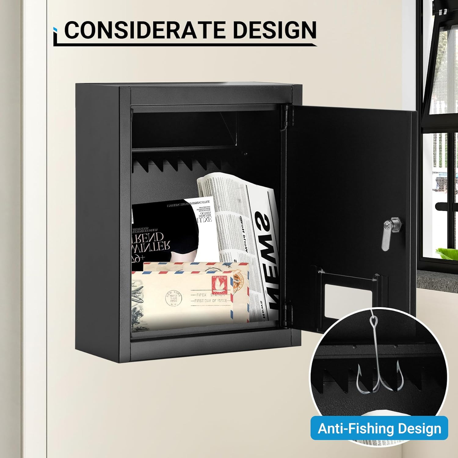 Through-the-Wall Drop Box Safe, Adjustable Chute, Rainproof Mail Slot, Black