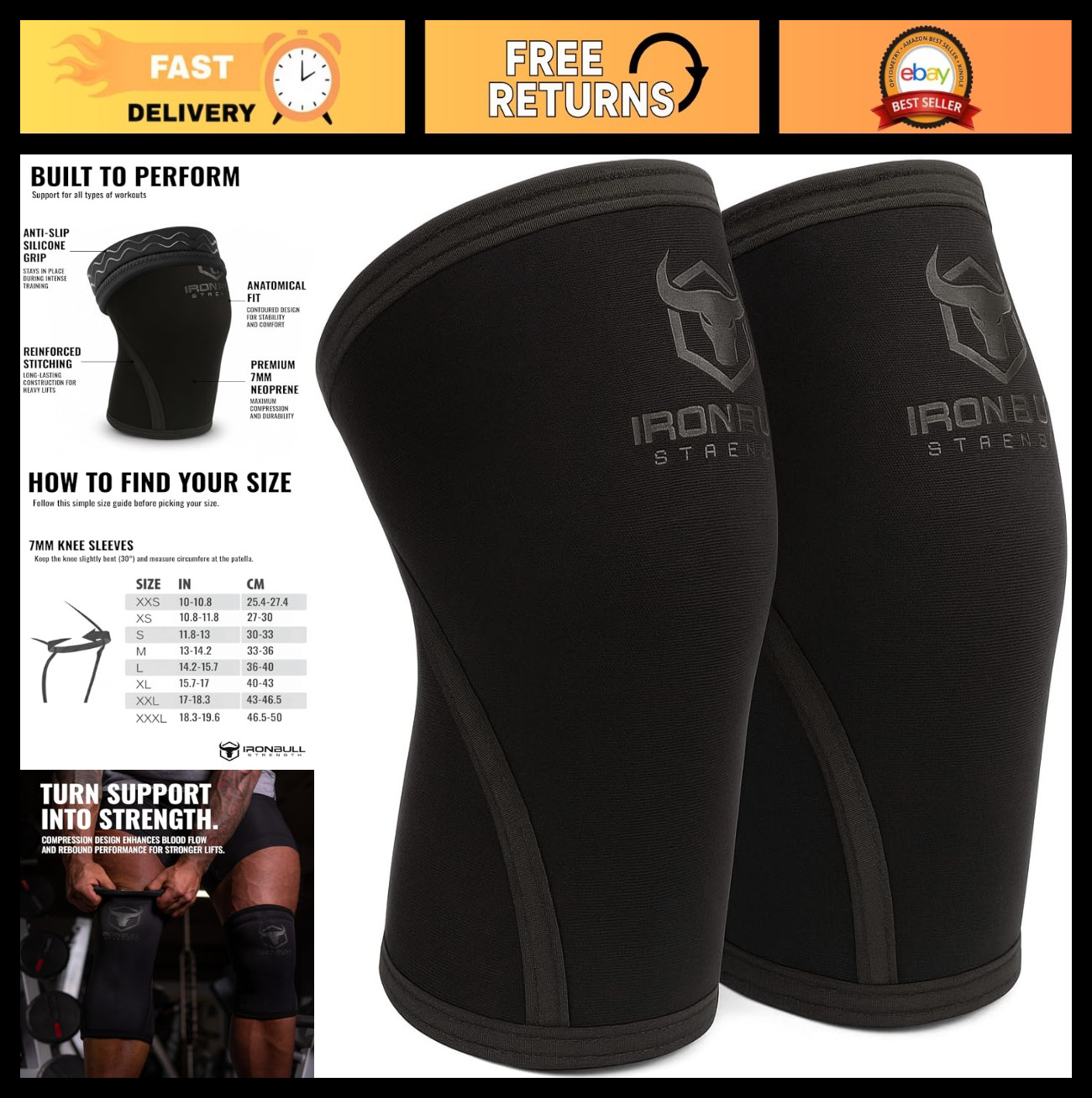 7mm Knee Sleeves for Weightlifting & Powerlifting - Compression Brace for Squats