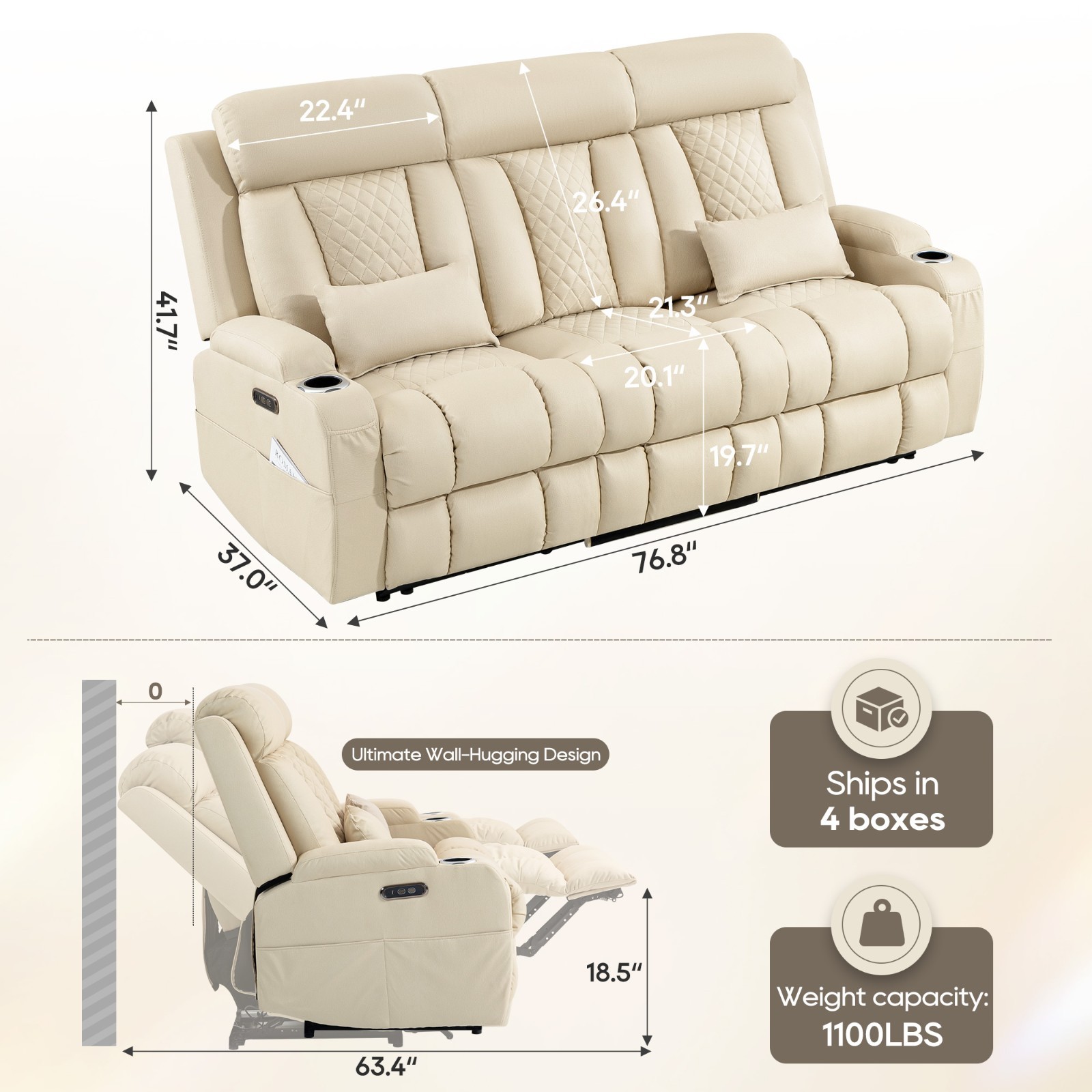 Power Loveseat Recliner Sofa, Wall Hugger Couch with Adjustable Headrest, Type-C