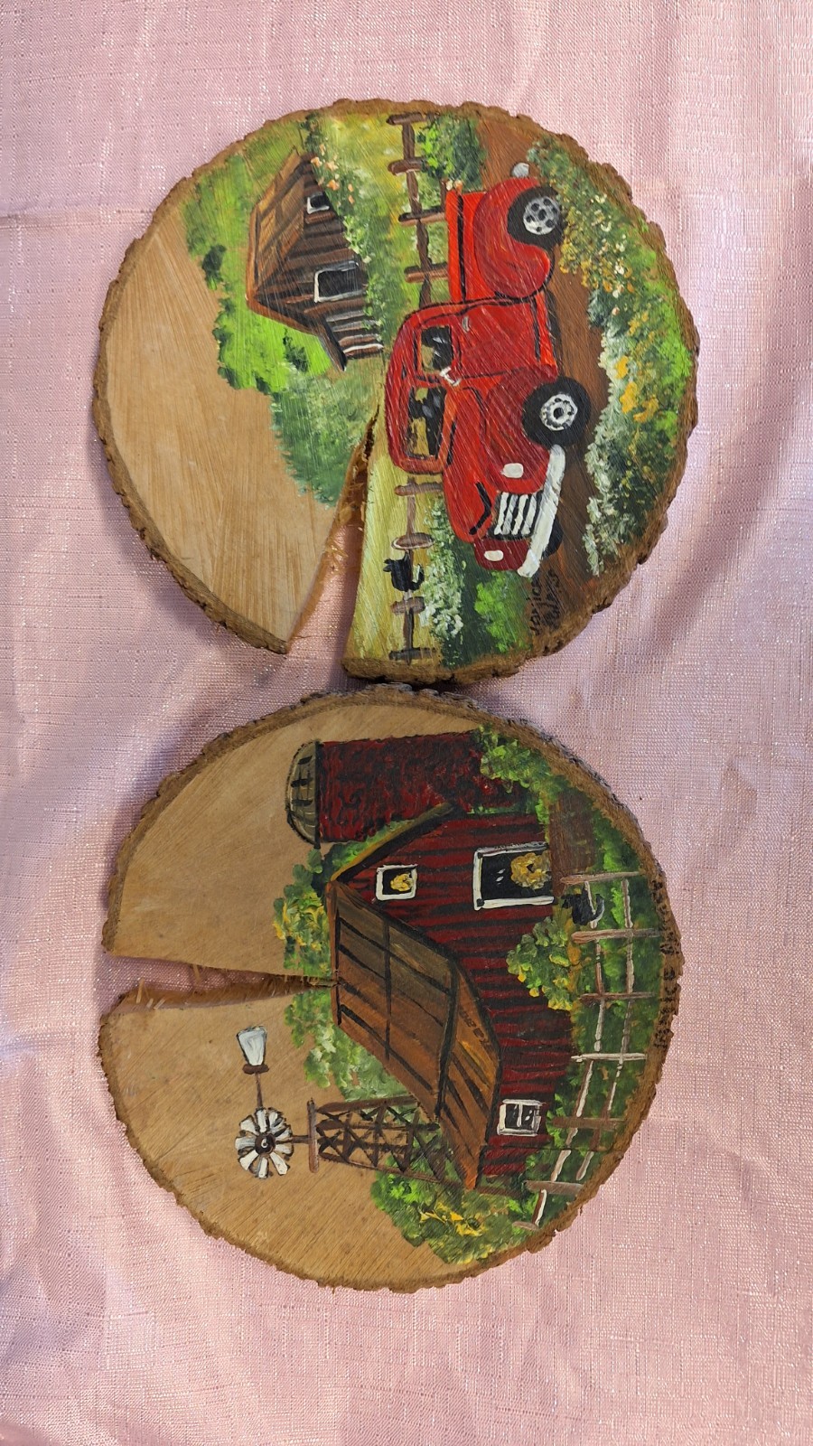 wood  carving, hand made, Tractor  &  barn.