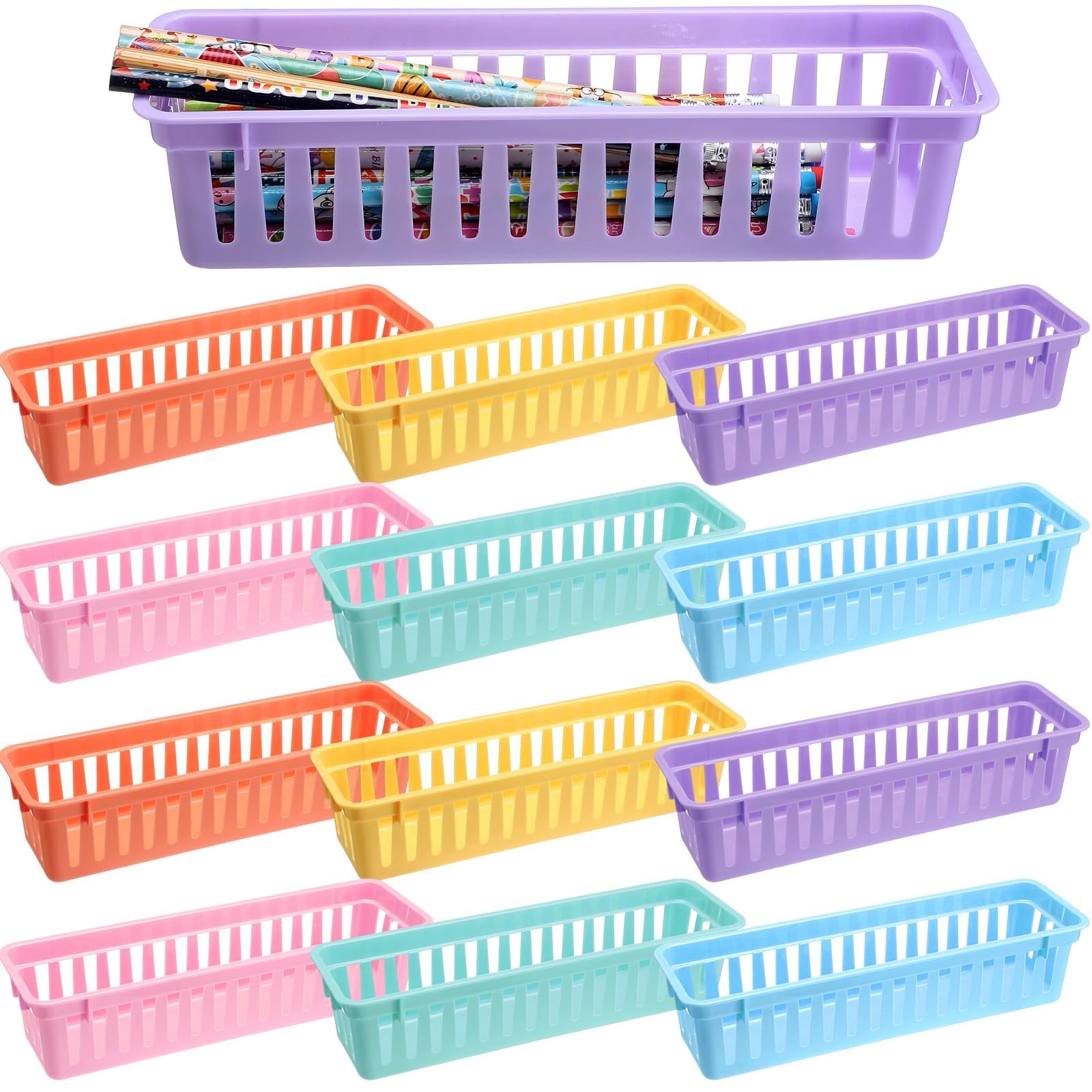 12 Pcs 10" x 3" Plastic Pencil Basket Back to Pencil Tray Holder for Classroo...
