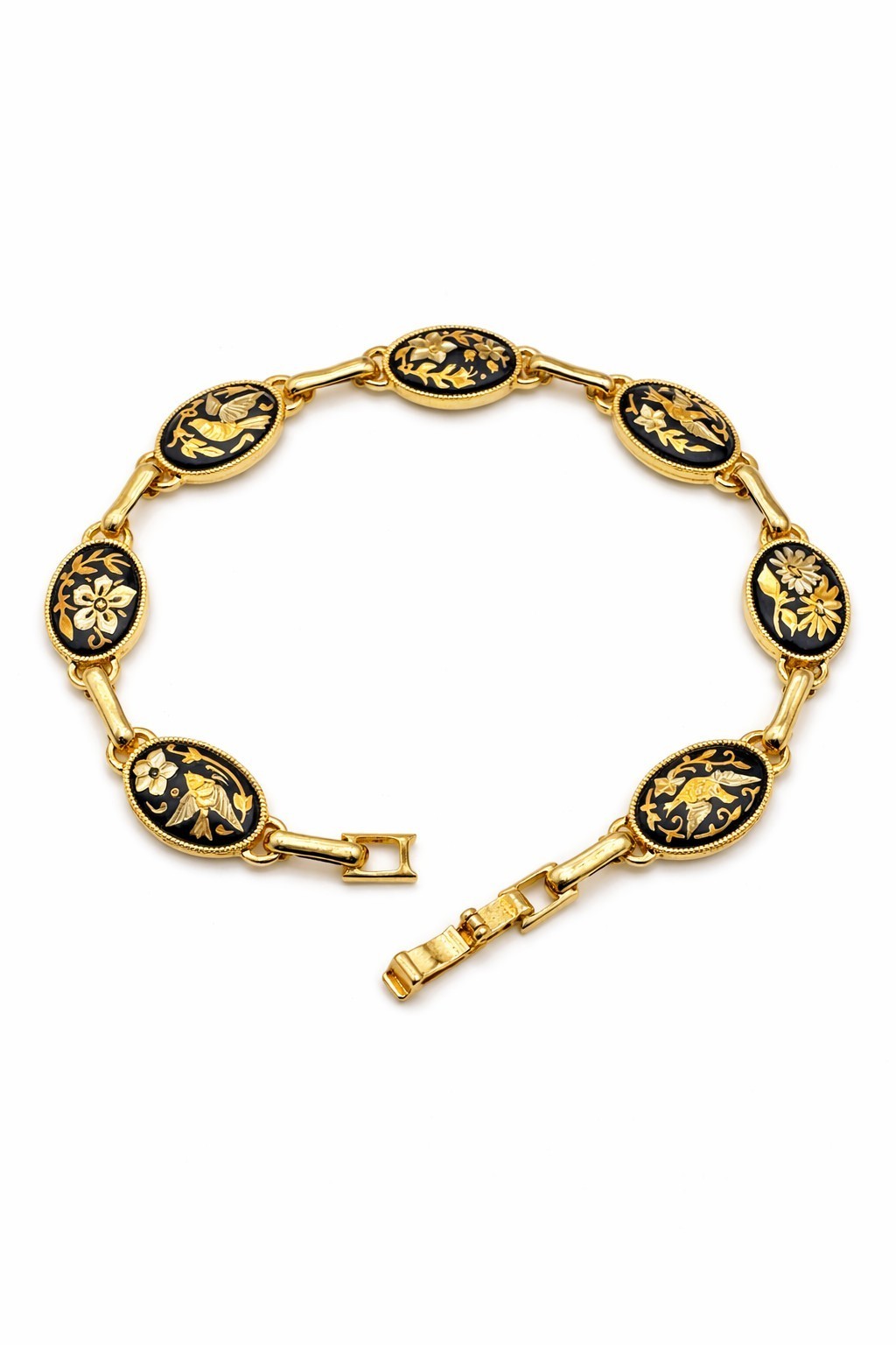 Elegant Luxurious Spanish 24K Gold & Steel Bracelet Flower and Birds