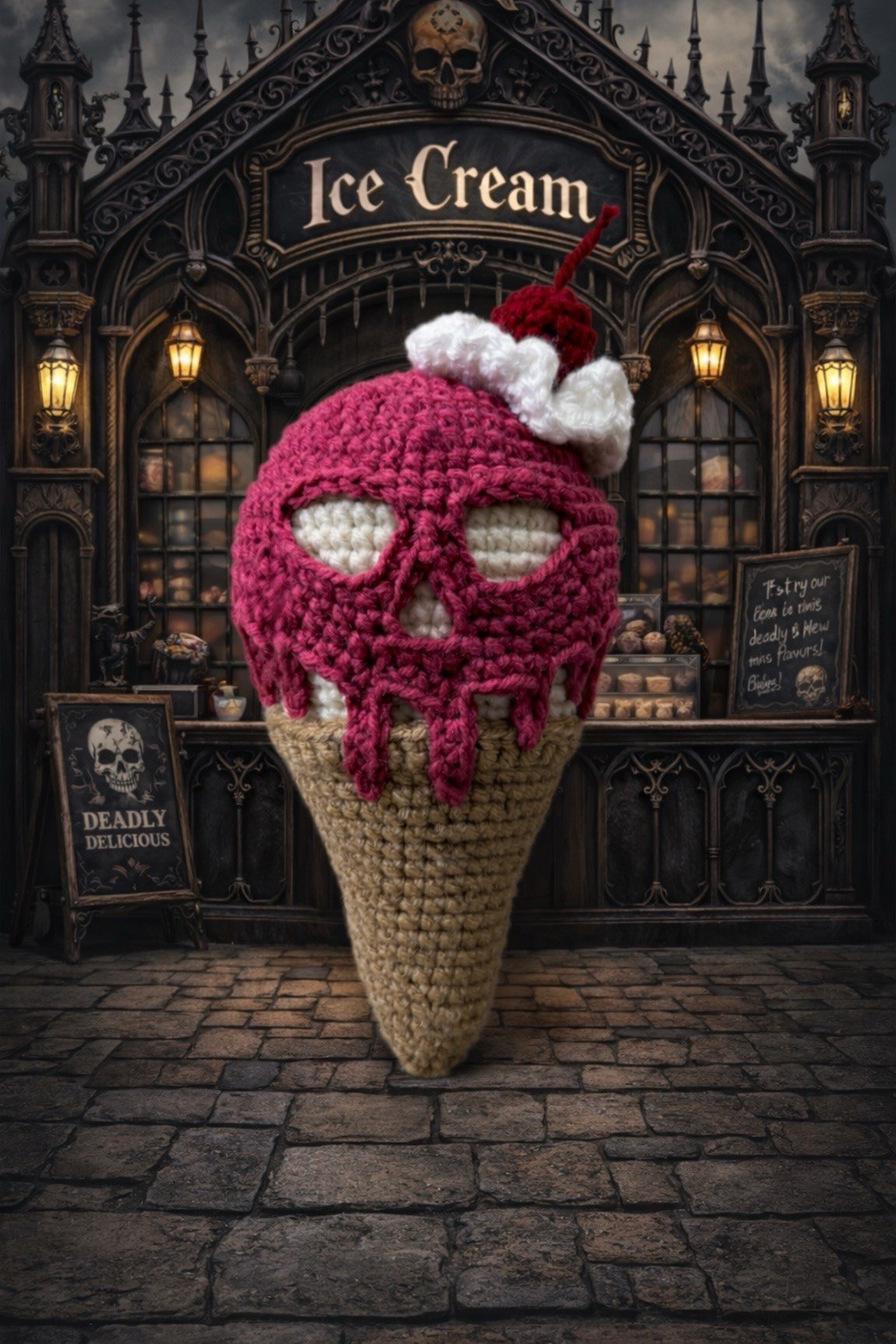 8” Crochet Creepy Skull Strawberry Ice Cream Amigurumi Handmade Gothic Decor