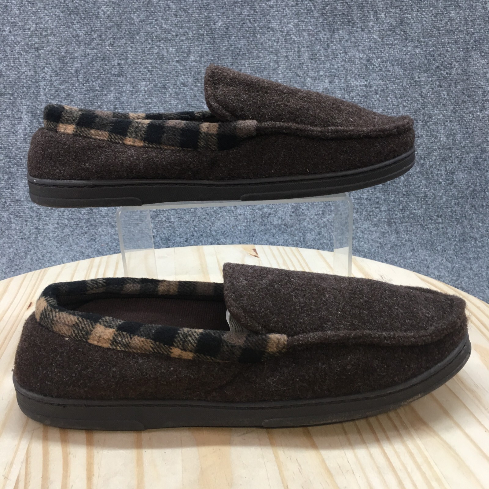Dearfoams Slippers Mens 11-12 Large Moccasin Flats Plaid Lined Brown Slip On