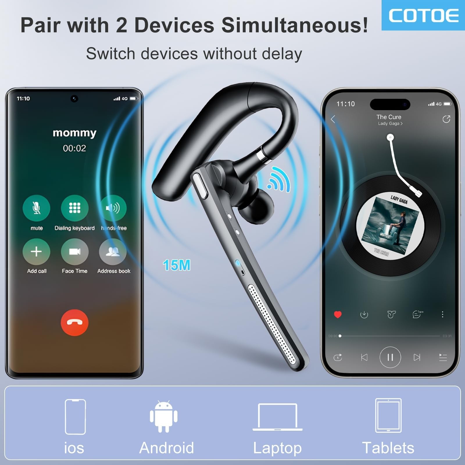 COTOE Bluetooth Headset V5.3, Wireless Earpiece with 500mAh Charging Black