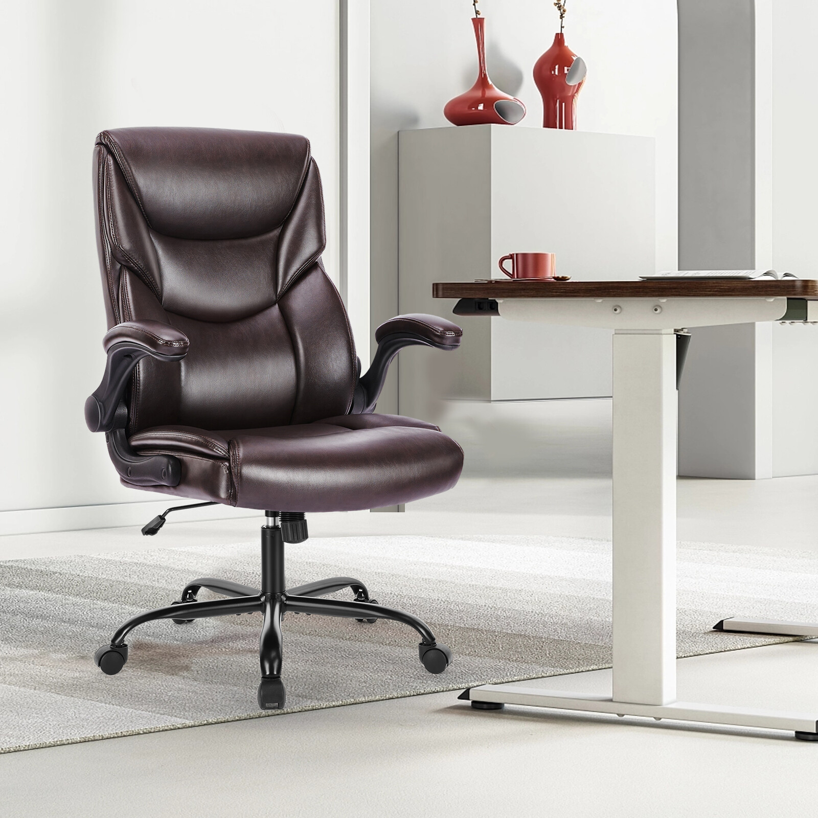 PU Leather Ergonomic Computer Chair with High Back Flip-up Arms Swivel Wheels