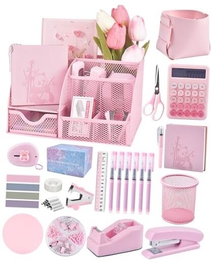 23pc Desk Accessories and Organizers with Mesh Organizer Stapler Tape Pink