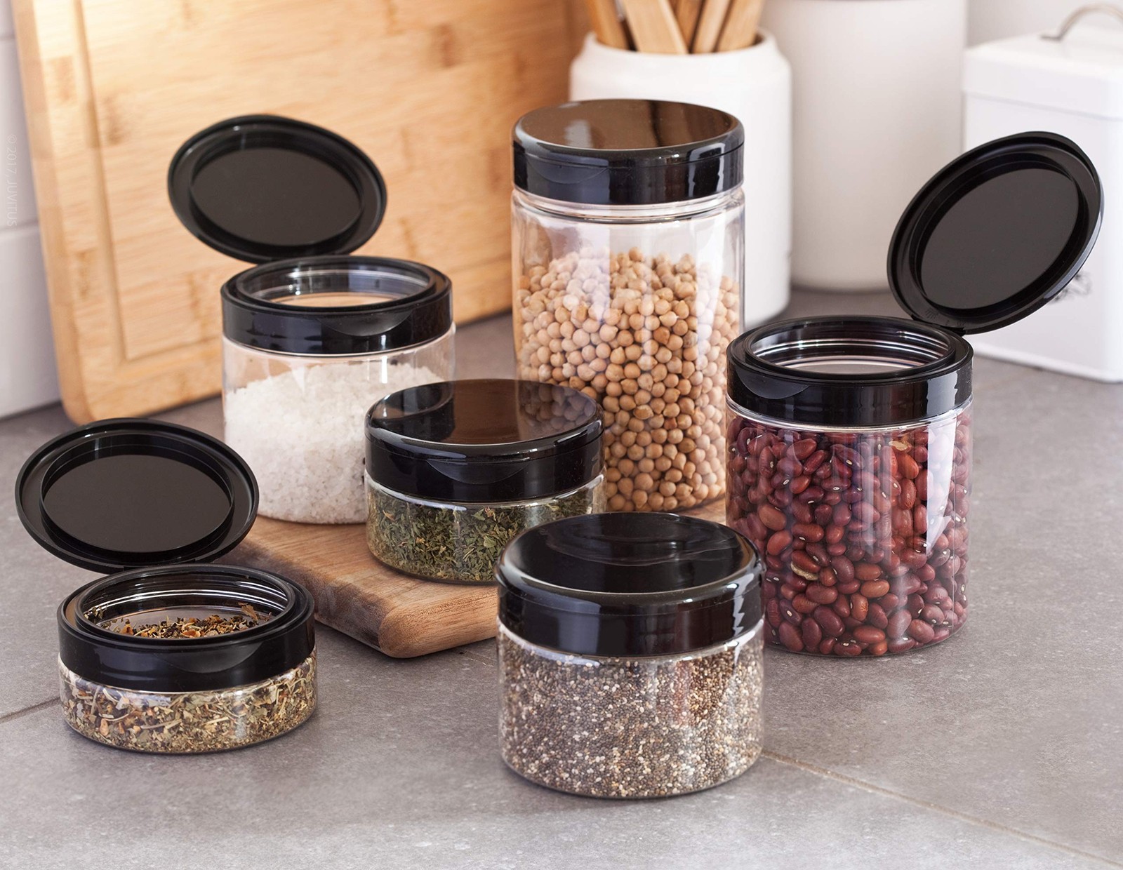 6 PCS 8 Oz Clear PET Plastic Refillable Low Profile Jar With Black Flip Top