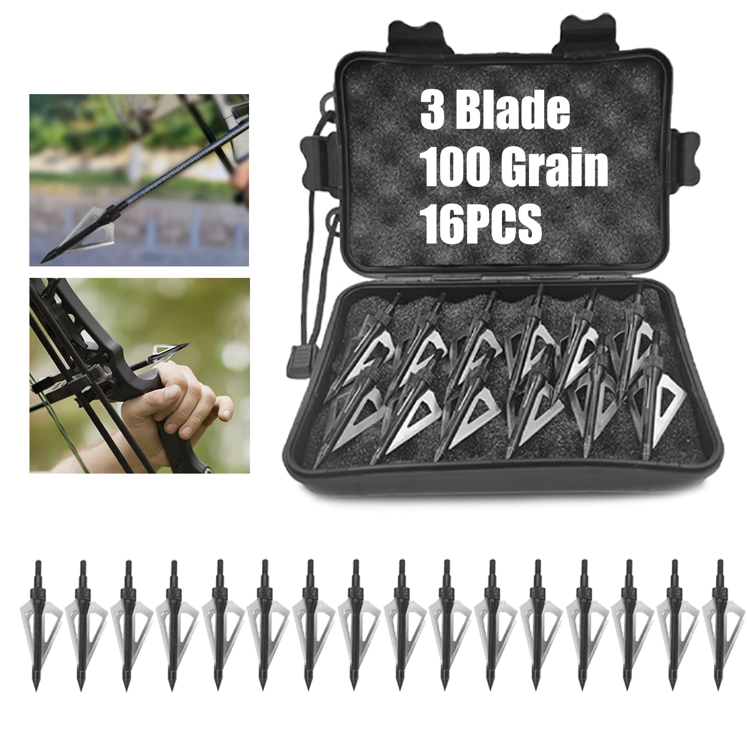 16 Pcs Metal Hunting Archery Broadheads 100 Grain 3 Blades Blades Arrowheads