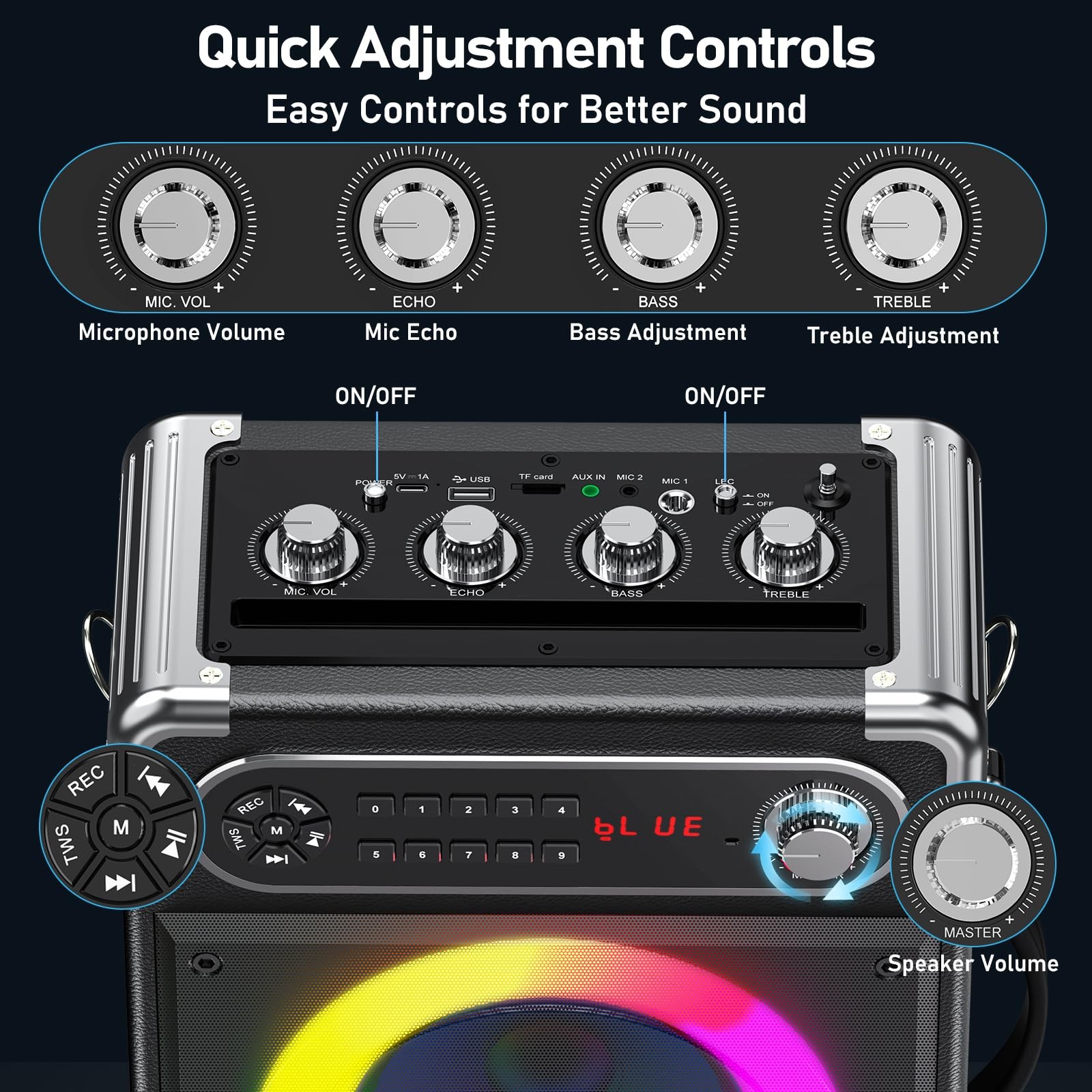 Portable Bluetooth 5.3 Karaoke Machine with 3 Wireless Mics, LED Lights