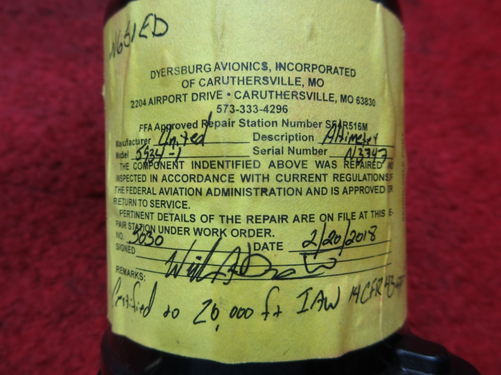 United Instruments Altimeter PN 5934-1 Code: A66