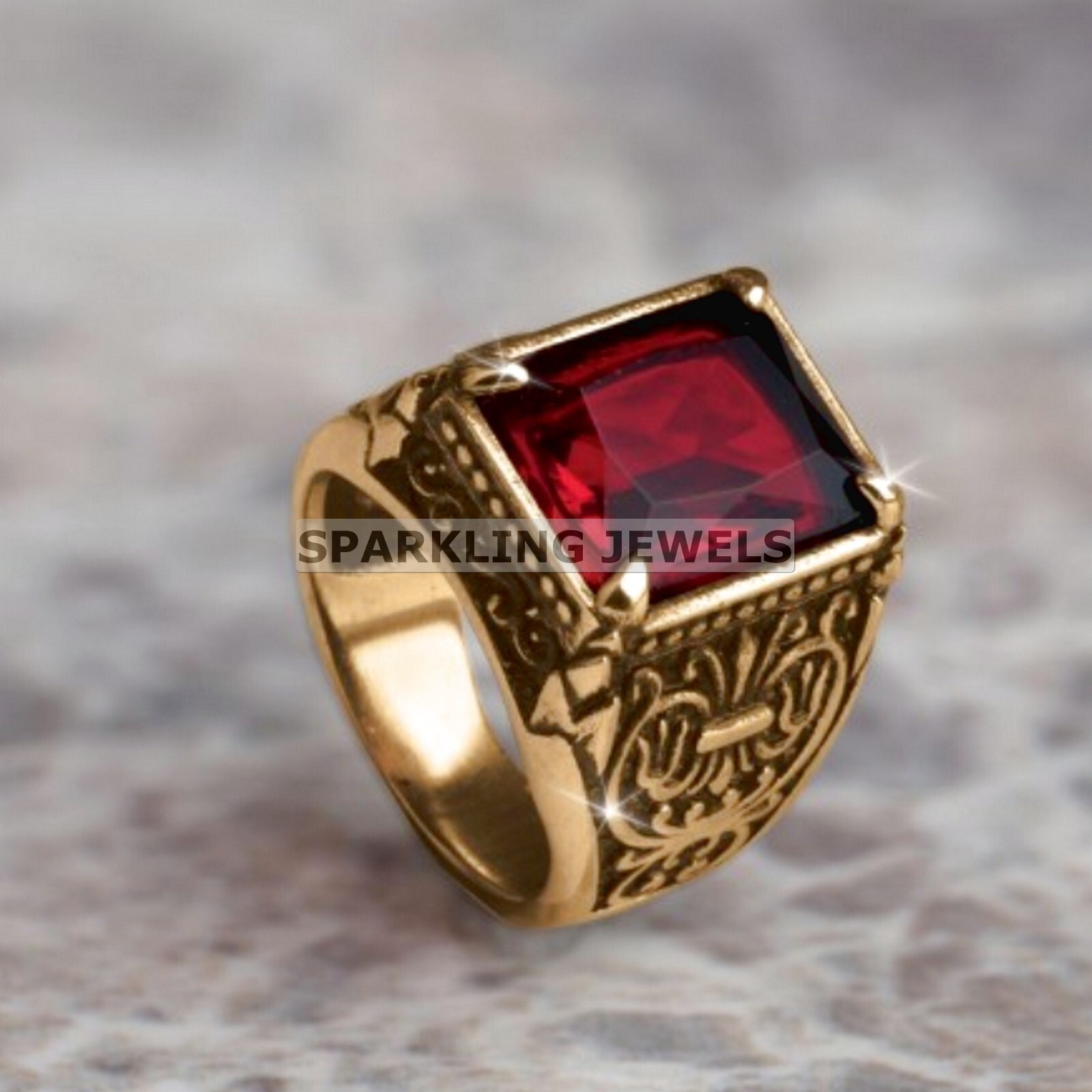 Lustrous Garnet Emerald Cut With 925 Silver Gold Plated Ring For Men #C214