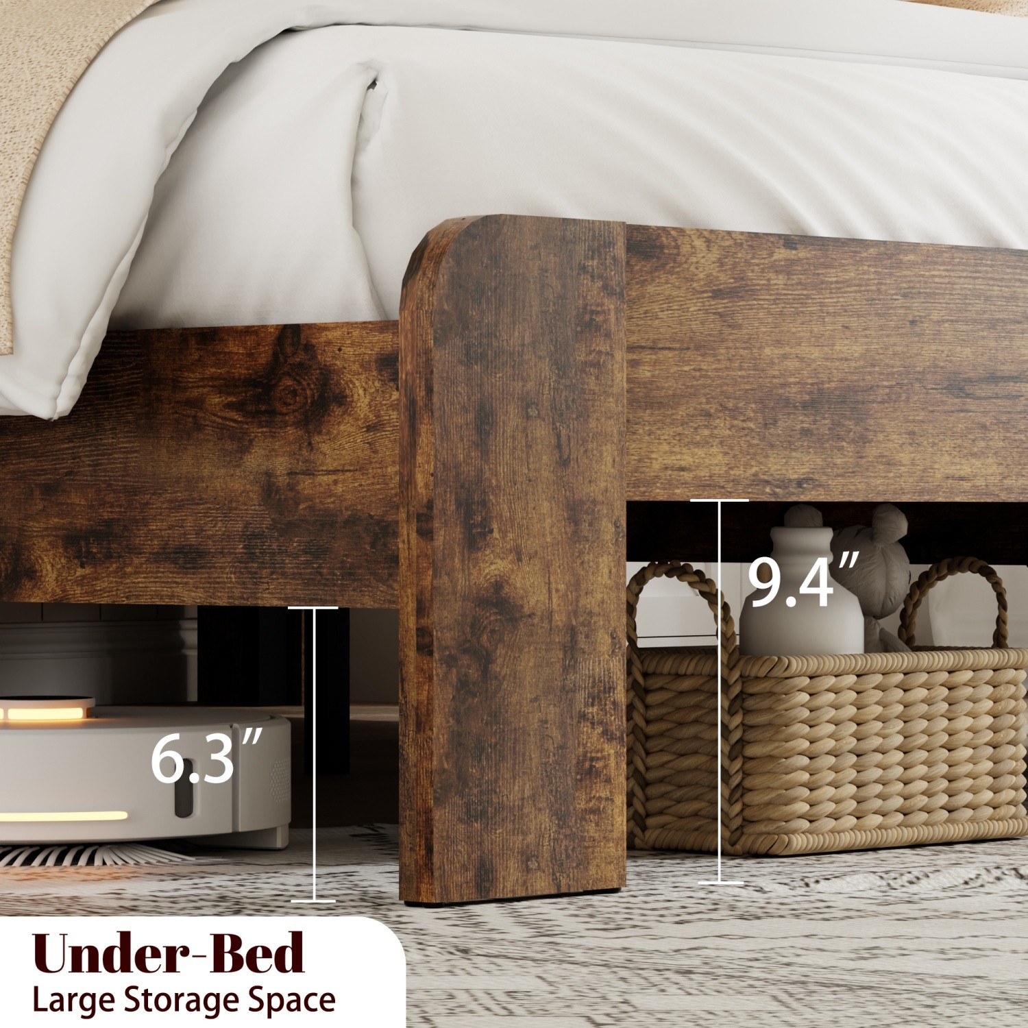 Queen Size Platform Bed w/ Storage Headboard & LED Light & USB Ports Dark Brown