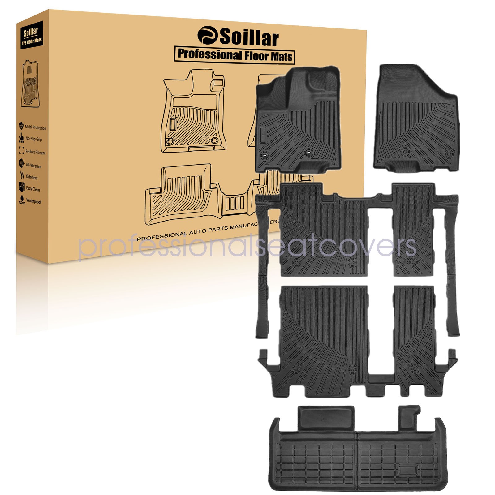 Fits 2013-2020 Toyota Sienna 8 Seats TPE Floor Mats & Trunk Cargo Liners Black