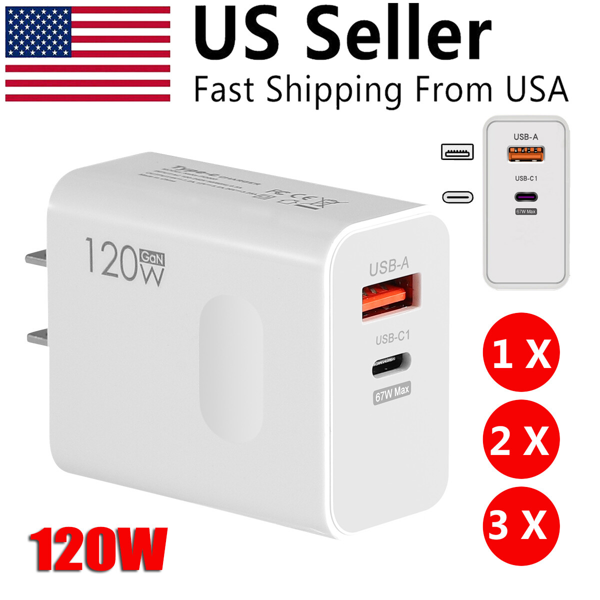 1/2/3 X USB C Wall Charger 2 Ports PD TYPE-C + QC 5.0 Fast Charger Power Adapter