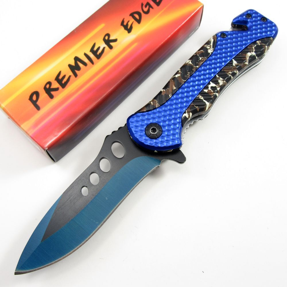 NEW Pocket Knife Spring-Assist Folding Blue Black Blade Camo Hunter Tactical EDC