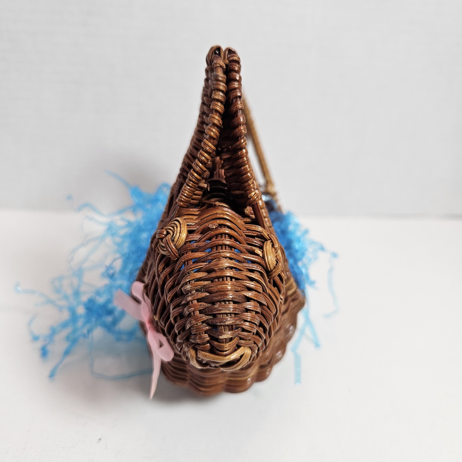 Vintage Small Easter Bunny Brown Wicker Basket 6" With Pink Bow