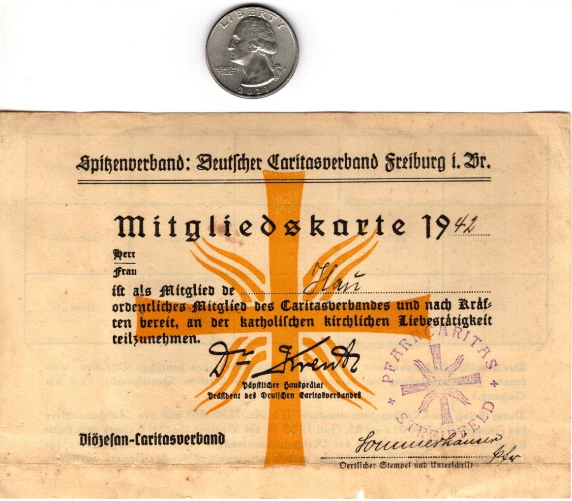 WW2 WWII German Military 1942 Caritasverband Social Welfare Membership Document
