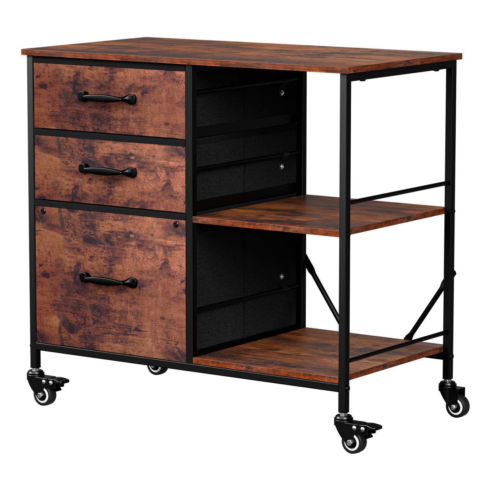 3 Drawer Mobile File Cabinet Rolling Printer Stand w/ Storage Shelf Rustic Brown