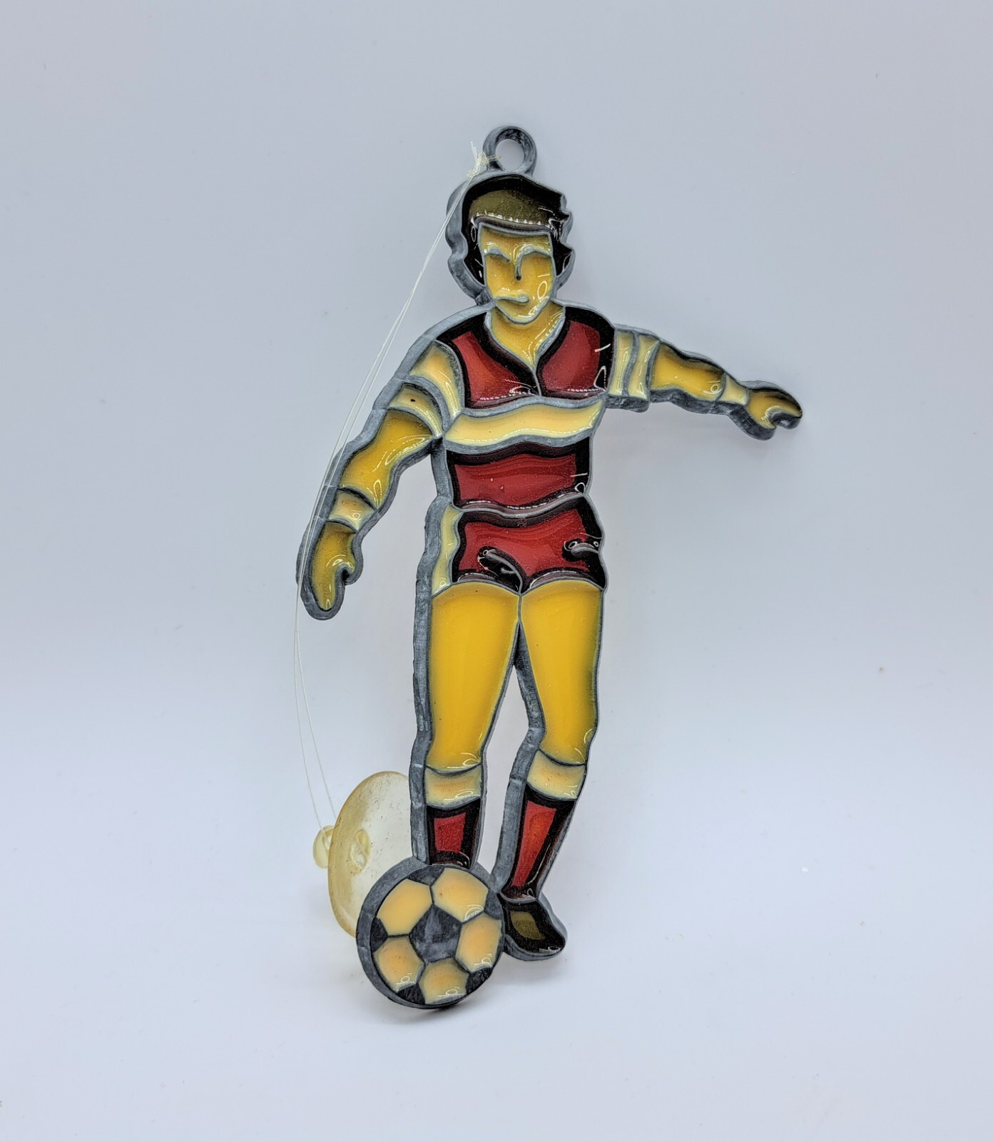 Vintage Red White Soccer Player Glass Window Ornament SunCatcher Sports